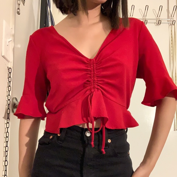 Red Ruched Crop Top - Picture 2 of 3